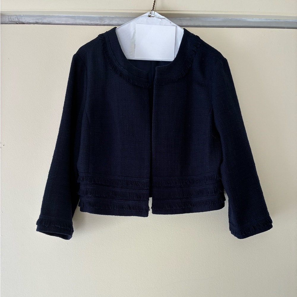 Karl Lagerfeld Paris Corpcore Professional Navy Cropped Fringe Blazer - Picture 4 of 7